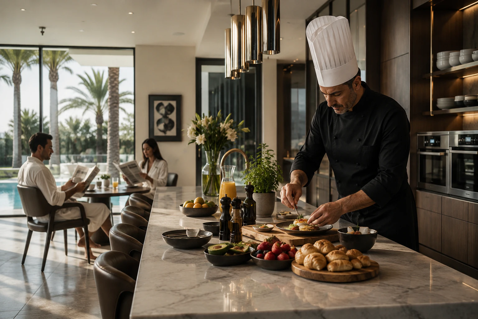 A couple relaxes over coffee and the paper by the pool while their private chef plates breakfast at the marble island of a Dubai villa kitchen