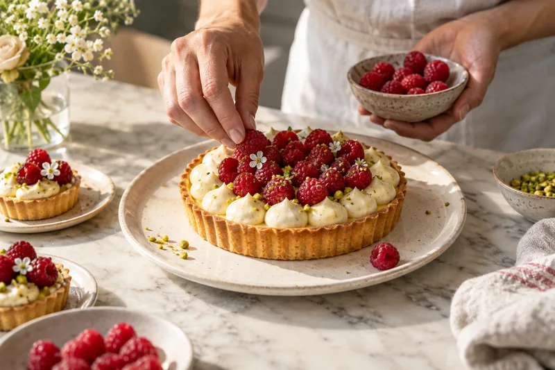 Raspberries being added to a vanilla tart on an ivory plate