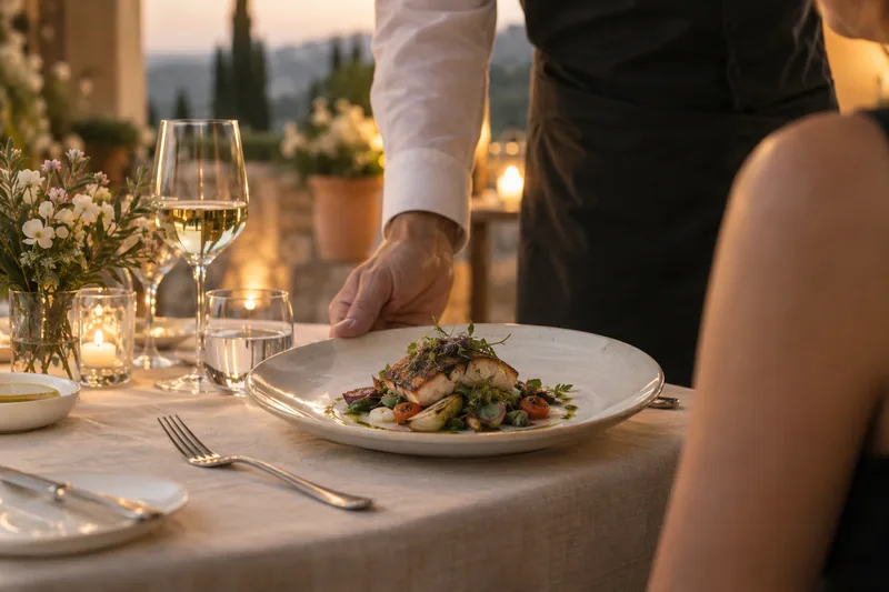 A plated main course being served at an intimate dining table