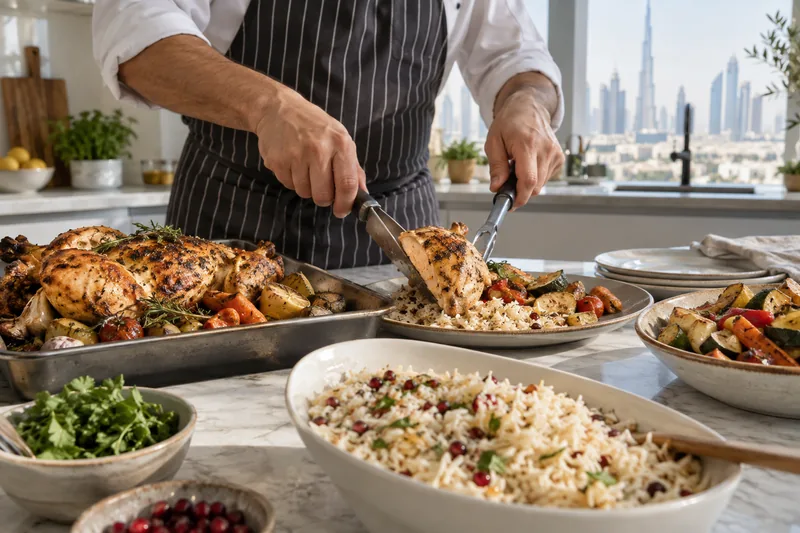 Chef portioning roast chicken, rice and vegetables in a home kitchen