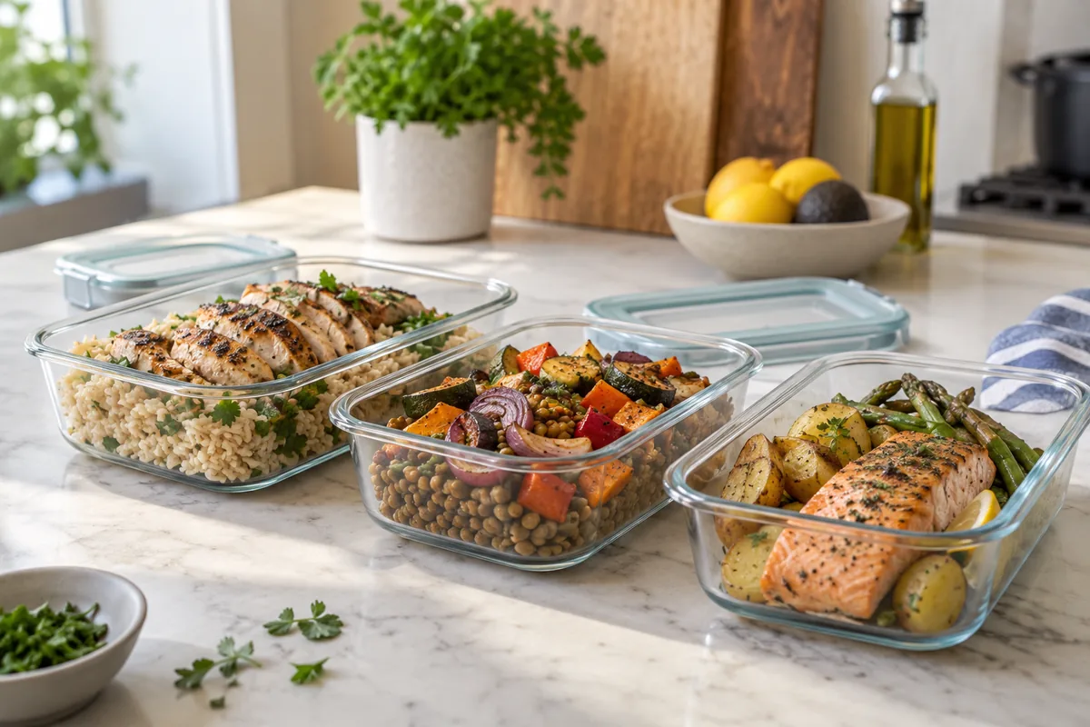 Prepared meals in glass containers with lids beside them