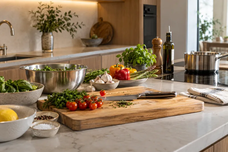 An organised home kitchen with vegetables and cooking equipment ready