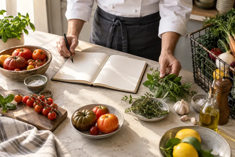 Menu planning with a notebook, fresh herbs and seasonal ingredients