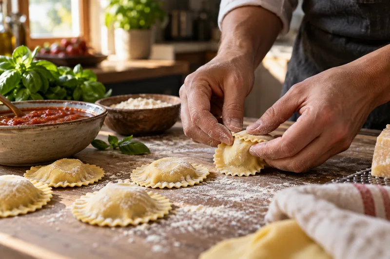 Fresh ravioli being shaped by hand beside basil and tomato sauce