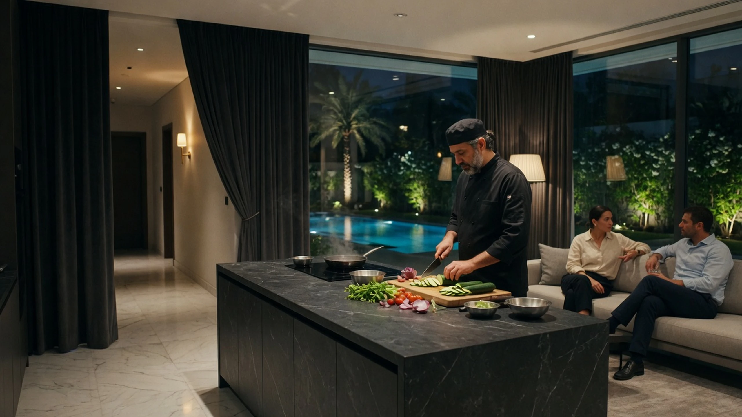 A private chef prepares food at a villa island while a couple sits in the living room, evening garden beyond. Experience concept shown.