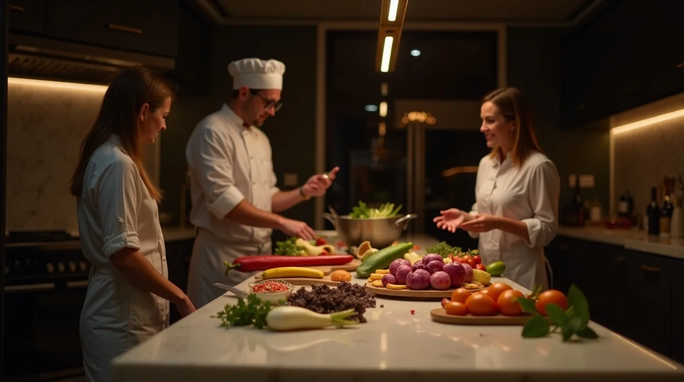 Guests preparing ingredients around a kitchen island while a chef demonstrates a technique. Experience concept shown.