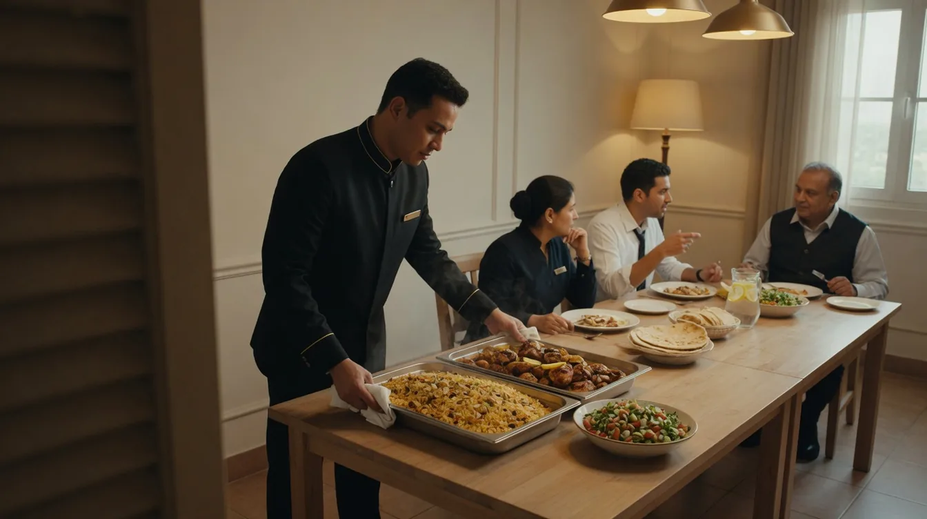 Staff meals in a workplace canteen. Experience concept shown.