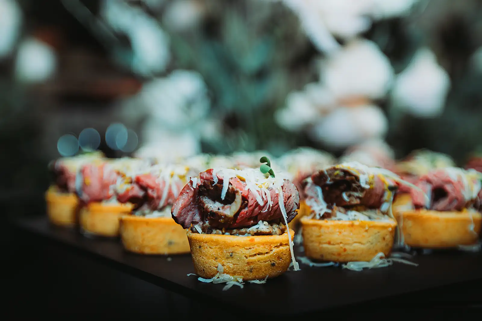 Beef tartlet canapés prepared for a yacht reception, from a previous myCHEF catering day.