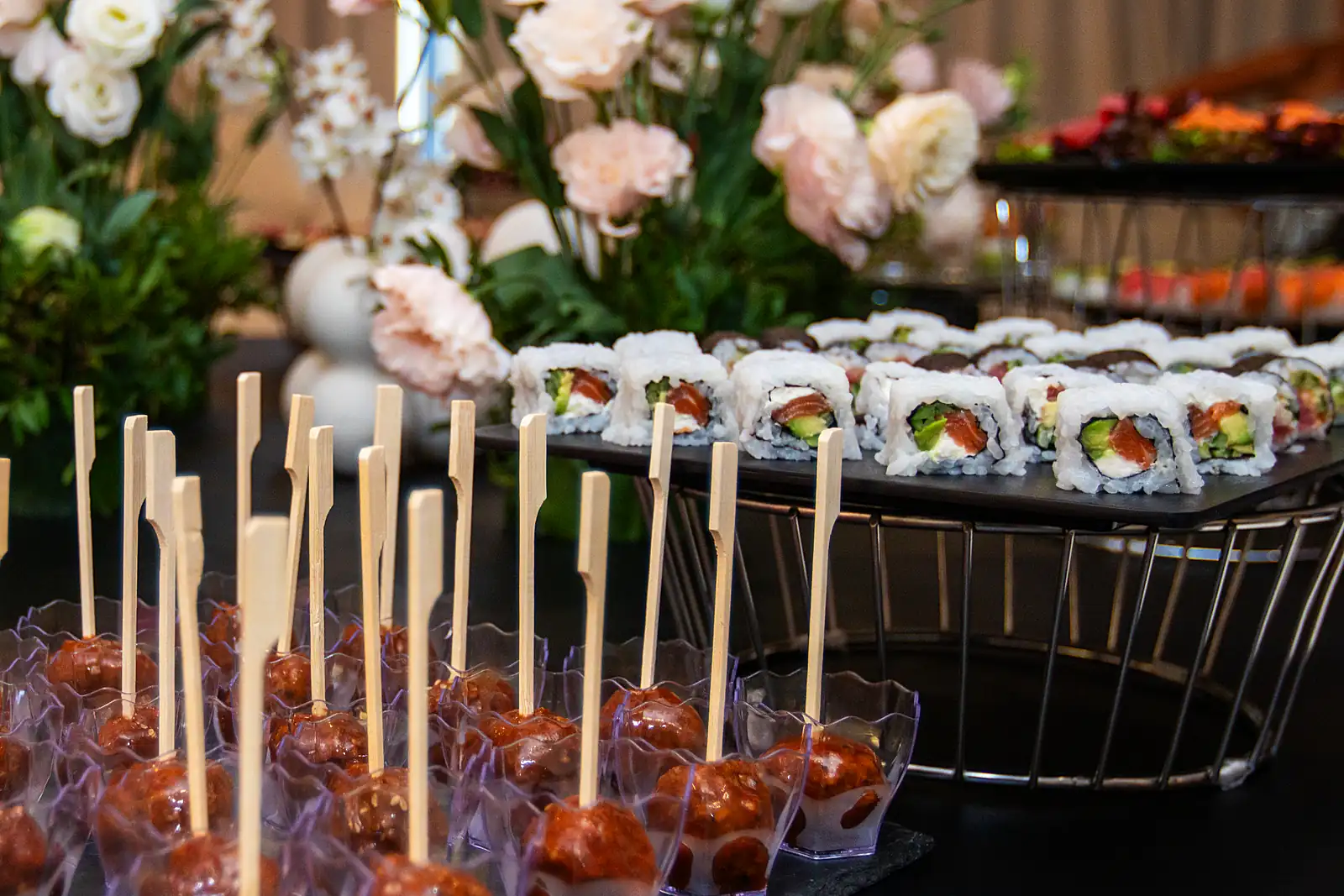 Canapés and sushi set out for guests on a previous myCHEF yacht catering day.